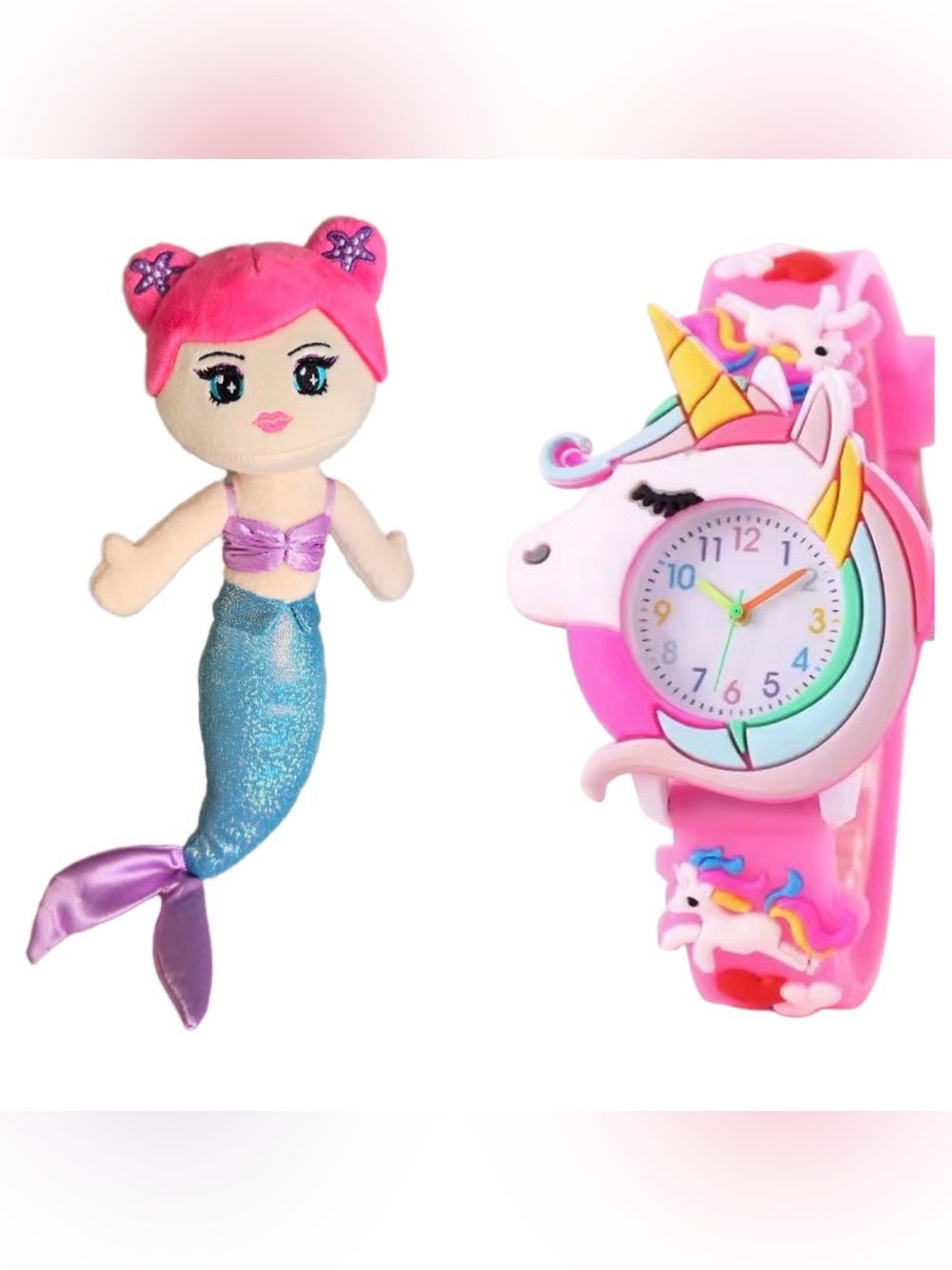 Pink Unicorn Kids Watch and Mermaid Doll Set